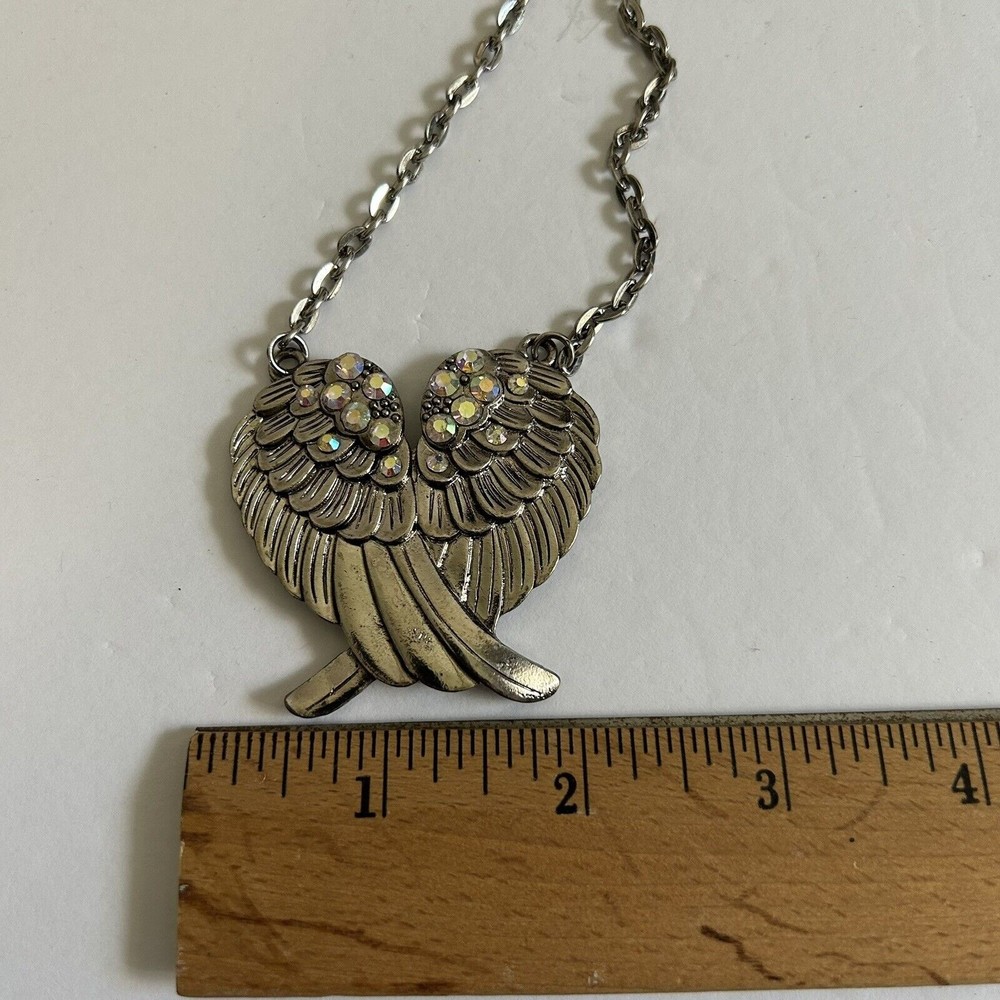 Angel Wing Heart Pendant Necklace AB Crystal Silver Tone Metal Fashion - Picture 2 of 5